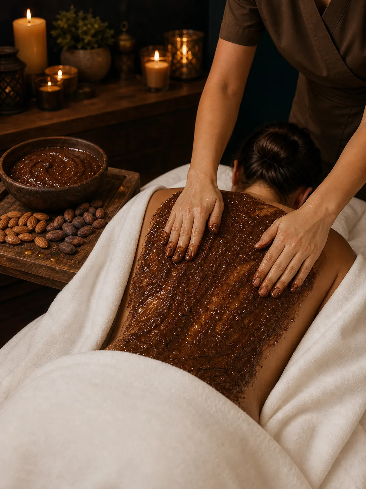 Скрабирование спины скрабом с кедром и миндалём перед обёртыванием, Element Spa
